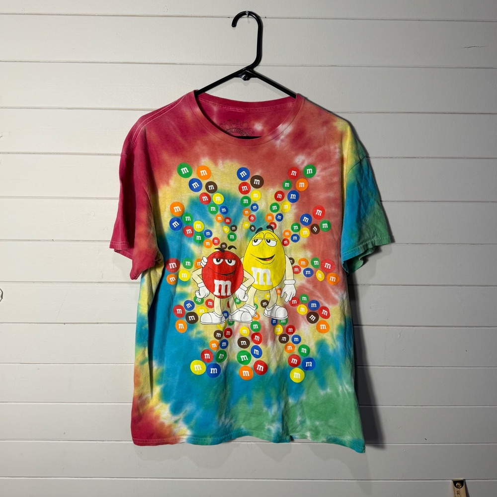 M&M's Graphic Tie Dye T-Shirt Mens Large Red Yellow Characters Rainbow Y2K